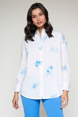 White And Blue Floral Curved Top, White, image 1